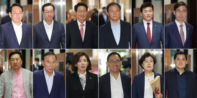 ▲국민의힘 의원들이 9일 오전 서울 여의도 국회 원내대표실에서 4선 의원 이상 회의에 참석하고 있다. 사진 왼쪽 위부터 김도읍, 이종배, 김상훈, 윤재옥, 윤영석, 조경태, 김기현, 박덕흠, 나경원, 주호영, 조배숙, 박대출 의원.2025.06.09. (뉴시스)