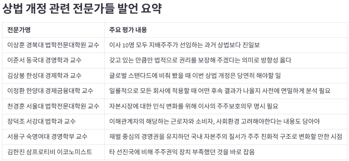 ▲상법 개정에 대한 전문가들의 주요 평가와 의견이 표로 정리된 참고 이미지가 기사와 함께 제공되고 있다.