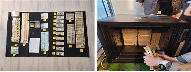 ▲재산을 은닉한 고액상습체납자의 실거주지에서 발견한 현금다발과 비밀금고 속 현금다발 (사진제공=국세청)