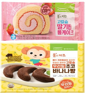▲마더구스가 제조하고 푸드머스가 유통·판매한 '고칼슘 딸기크림 롤케이크'(왼쪽)와 '고칼슘 우리밀 초코바나나빵'. (사진제공=식품의약품안전처)