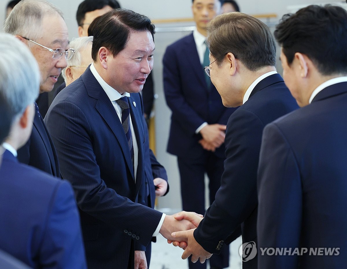 ▲이재명 대통령이 13일 서울 용산 대통령실에서 열린 6경제단체·기업인 간담회에서 최태원 SK그룹 회장 겸 대한상공회의소 회장과 악수하고 있다. (대통령실통신사진기자단, 연합뉴스)