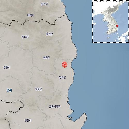 ▲경북 영덕군 북쪽에서 규모 2.3의 지진이 발생한 14일, 이미지에는 지진 발생 지점과 인근 지역이 지도상에 표시되어 있다. (연합뉴스)