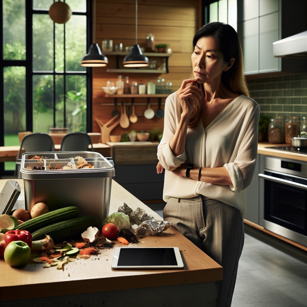 ▲한 현대식 주방에서 여성이 작업대의 식재료와 음식물 쓰레기를 바라보며 음식물 처리기와 관련된 고민을 하고 있다. (오픈AI 달리)
