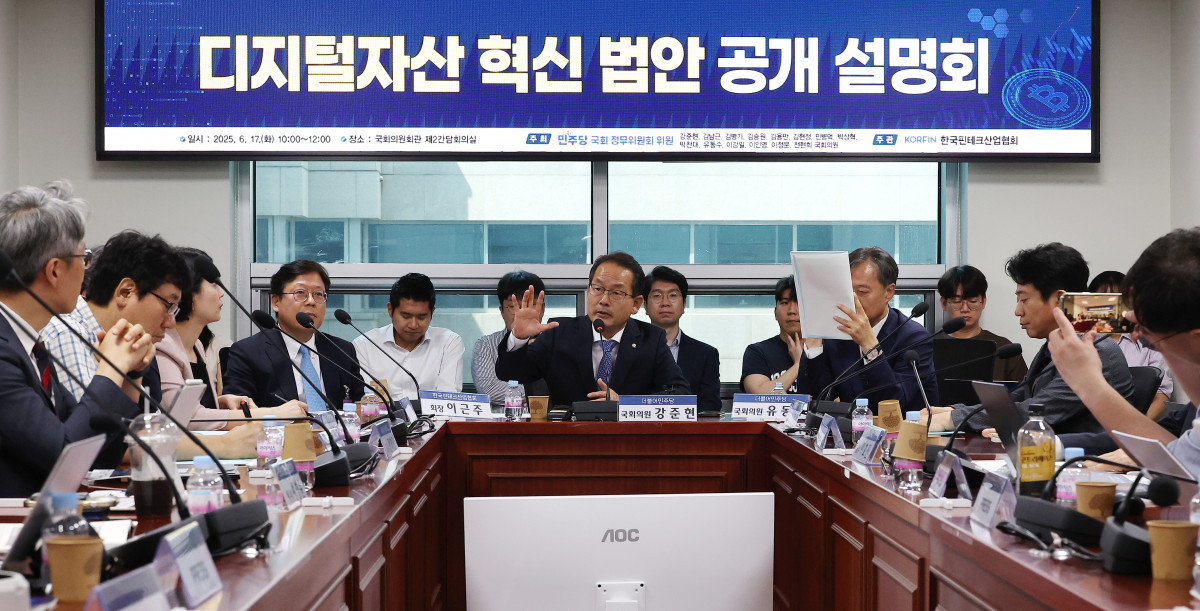▲17일 서울 여의도 국회 의원회관에서 더불어민주당 국회정무위원회 위원들이 주최하고 한국핀테크산업협회가 주관해 열린 '디지털자산 혁신 법안 공개 설명회'에서 강준현 의원이 발언하고 있다. (연합뉴스)