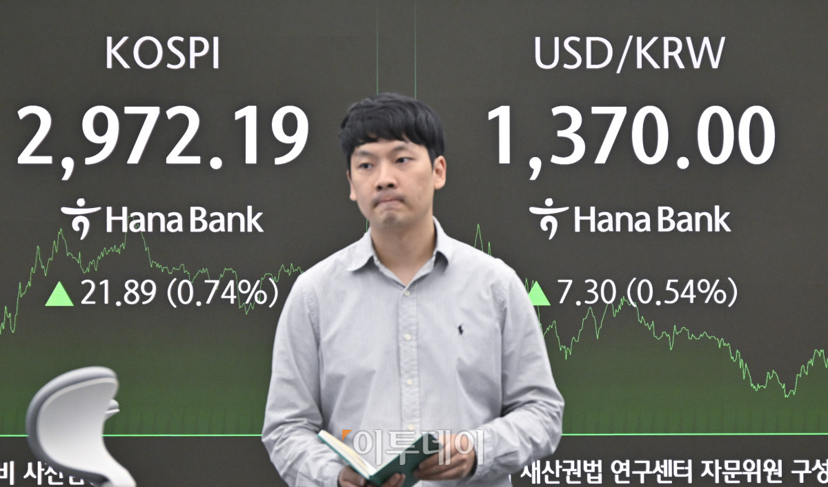 ▲코스피가 2970선으로 상승 마감하며 종가 기준 연중 최고치를 기록한 18일 서울 중구 하나은행 딜링룸 전광판에 코스피, 원·달러 환율이 표시돼 있다. 이날 코스피는 전 거래일보다 21.89(0.74%)포인트 상승한 2972.19를 나타냈다. 원·달러 환율은 종가 기준 1370.00원을 나타냈다. 조현호 기자 hyunho@