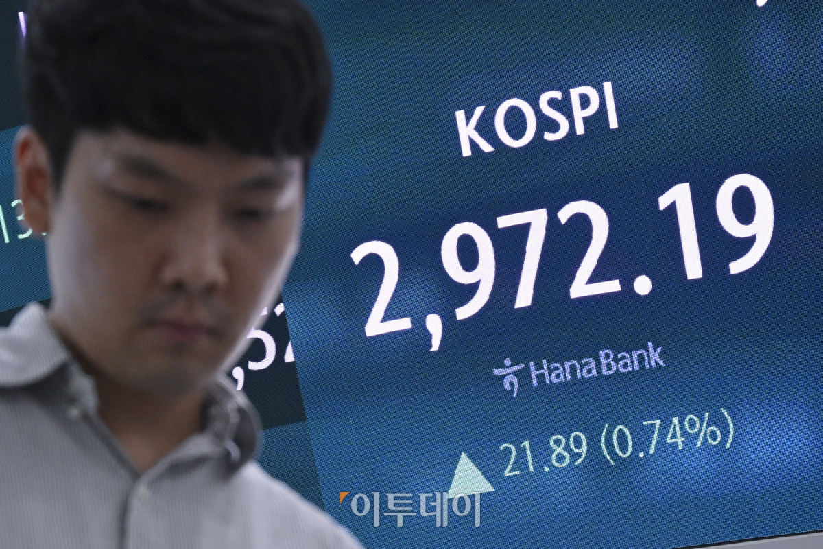 ▲코스피가 2970선으로 상승 마감하며 종가 기준 연중 최고치를 기록한 18일 서울 중구 하나은행 딜링룸 전광판에 코스피가 표시돼 있다. 이날 코스피는 전 거래일보다 21.89(0.74%)포인트 상승한 2972.19를 나타냈다. 조현호 기자 hyunho@