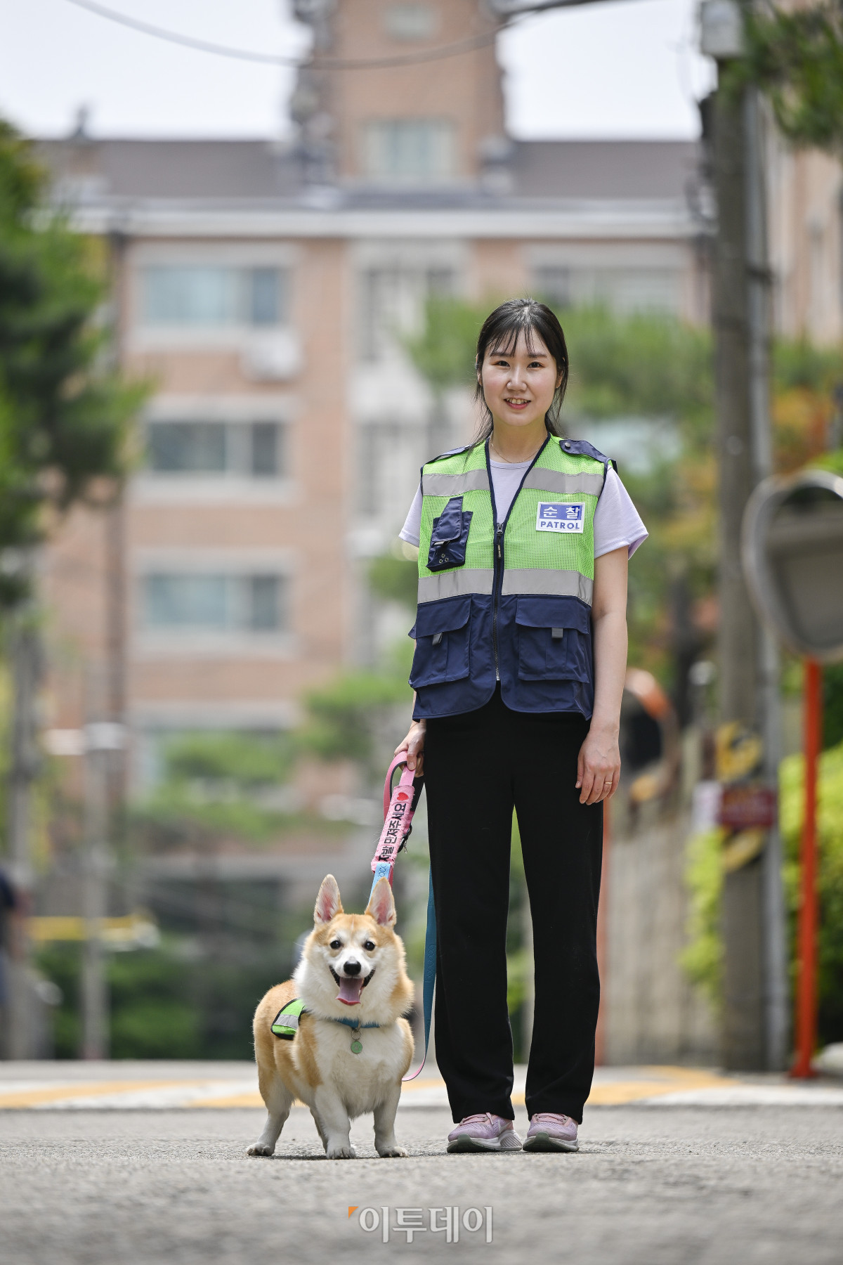 ▲31일 서울 시내의 한 거리에서 반려견순찰대 굴비(4살)와 최나리 씨가 동네순찰을 하며 포즈를 취하고 있다. 조현호 기자 hyunho@