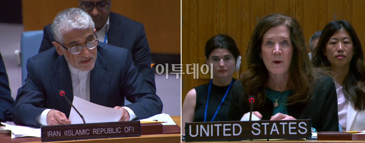 ▲미국과 이란이 유엔 안전보장이사회 긴급회의에서 격렬하게 맞섰다. 사진 왼쪽은 아미르 이라바니 주유엔 이란 대사, 오른쪽은 도로시 셰이 주유엔 미국 대사 대행의 발언 모습. (출처 유엔TV 동영상 캡처)