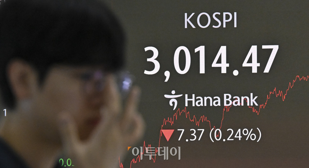 ▲원·달러 환율이 중동 위기 고조로 1380원 중반까지 치솟으며 1400원대를 위협하는 가운데 23일 서울 중구 하나은행 딜링룸 전광판에 코스피가 표시돼 있다. 이날 코스피 지수는 전 거래일보다 7.37(0.24%) 포인트 하락한 3014.47을 나타냈다. 조현호 기자 hyunho@