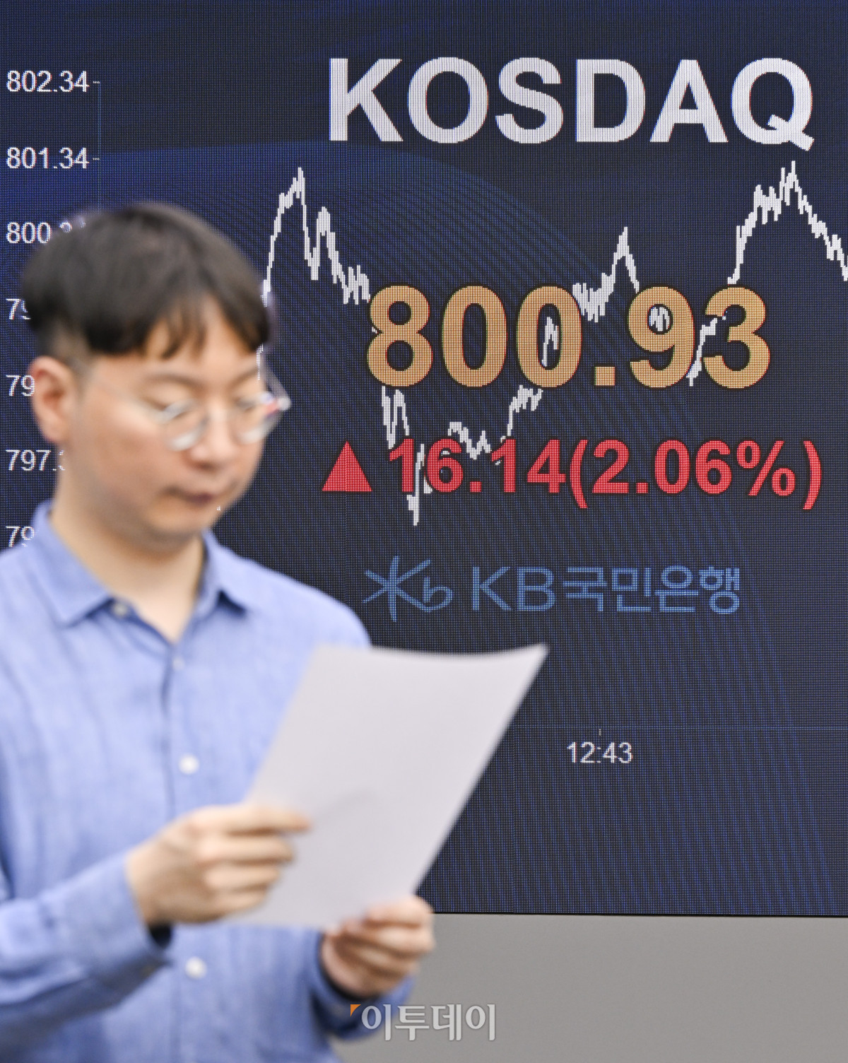▲코스닥이 11개월여 만에 800선을 회복한 24일 서울 영등포구 KB국민은행 딜링룸 전광판에 코스닥이 표시돼 있다. 이날 코스닥 지수는 전 거래일보다16.14(2.06%) 포인트 상승한 800.93을 나타냈다. 조현호 기자 hyunho@