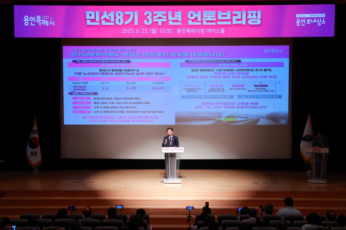 ▲이상일 용인특례시장이 23일 민선8기 취임3주년 언론브리핑에서 지역의 철도노선 구축계획에 대해 설명하고 있다. (용인특례시)
