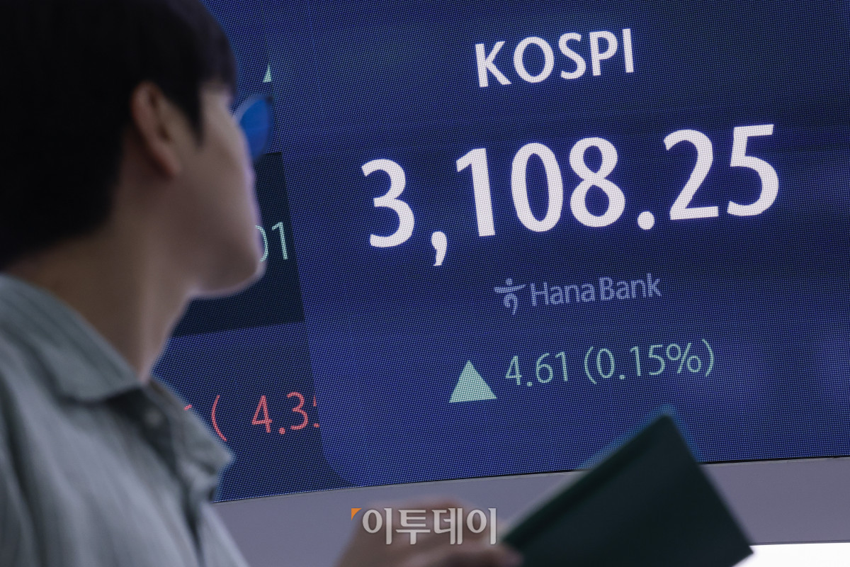 ▲코스피가 상승하며 3100선 강보합으로 마감한 25일 서울 중구 하나은행 딜링룸 전광판에 코스피가 표시돼 있다. 이날 코스피는 전 거래일보다 4.61(0.15%) 포인트 상승한 3108.25를 나타냈다. 조현호 기자 hyunho@