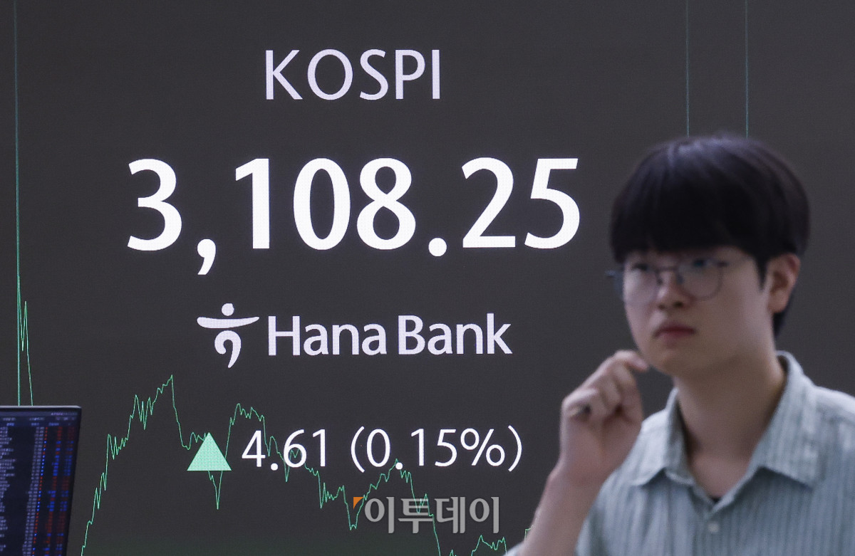 ▲코스피가 상승하며 3100선 강보합으로 마감한 25일 서울 중구 하나은행 딜링룸 전광판에 코스피가 표시돼 있다. 이날 코스피는 전 거래일보다 4.61(0.15%) 포인트 상승한 3108.25를 나타냈다. 조현호 기자 hyunho@