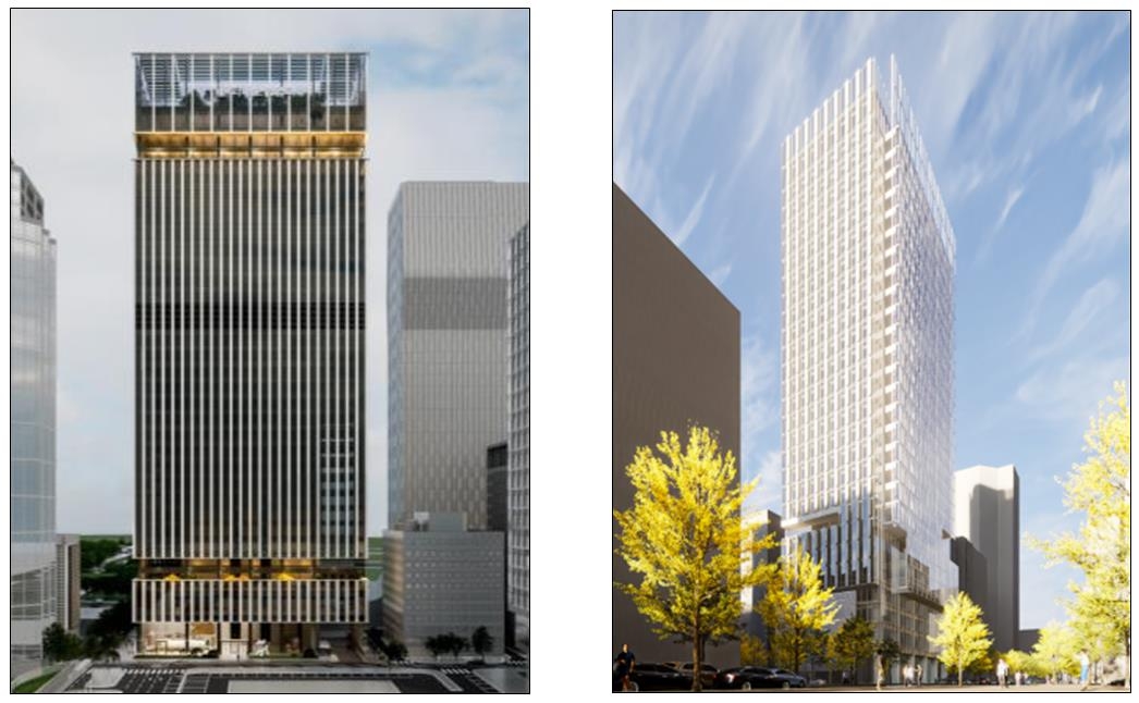 ▲(왼쪽)여의도 화재보험협회 건물과 키움파이낸스스퀘어 건물 개발 후 조감도 (자료제공=서울시)
