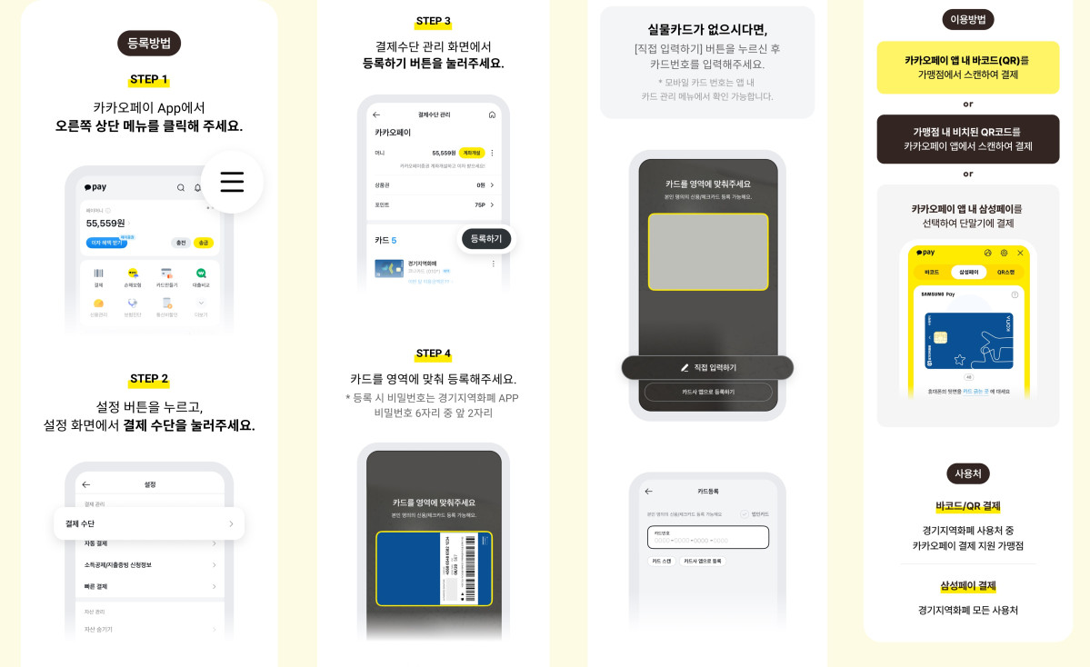 ▲카카오페이 앱에서 경기지역화폐 카드를 등록하고 QR코드 또는 삼성페이로 결제하는 방법을 안내하는 설명서가 안내되고 있다. (경기도)