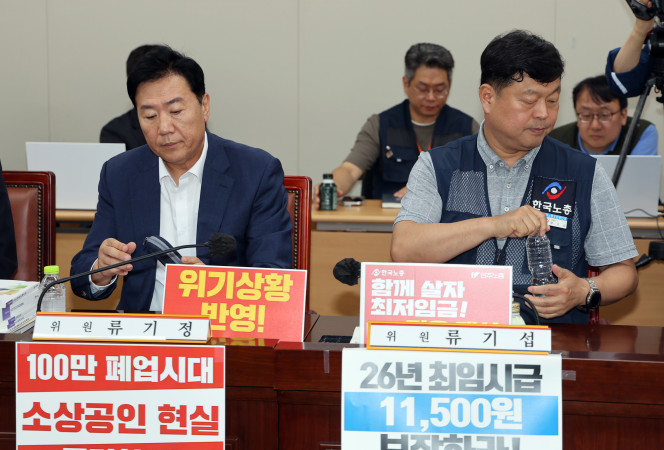 ▲최저임금위원회 사용자위원인 류기정 한국경영자총협회 전무(왼쪽)와 근로자위원 류기섭 한국노총 사무총장이 26일 정부세종청사에서 열린 최저임금위원회 제7차 전원회의에 나란히 자리하고 있다. 2025.6.26. (연합뉴스)