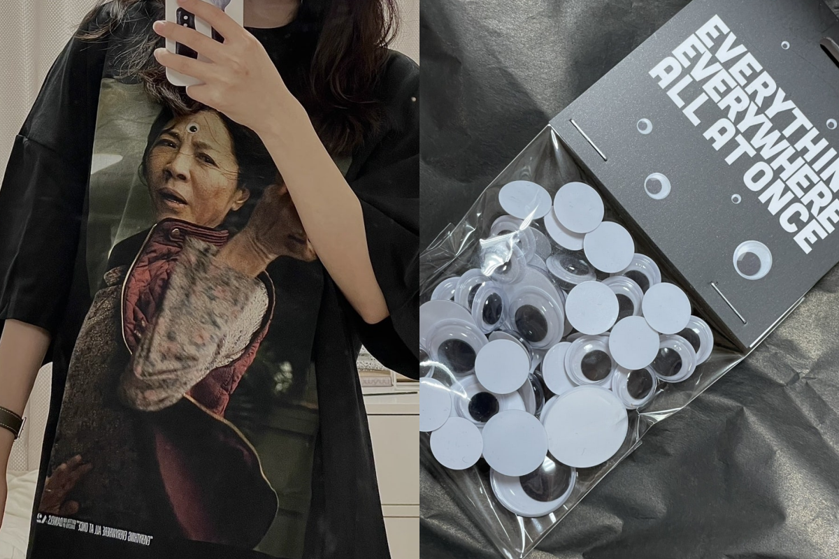▲기자가 소장한 영화 '에브리씽 에브리웨어 올 앳 원스'와 국내 아트·패션 커뮤니티 소프트오피스의 협업 상품. (장유진 기자 @yxxj)