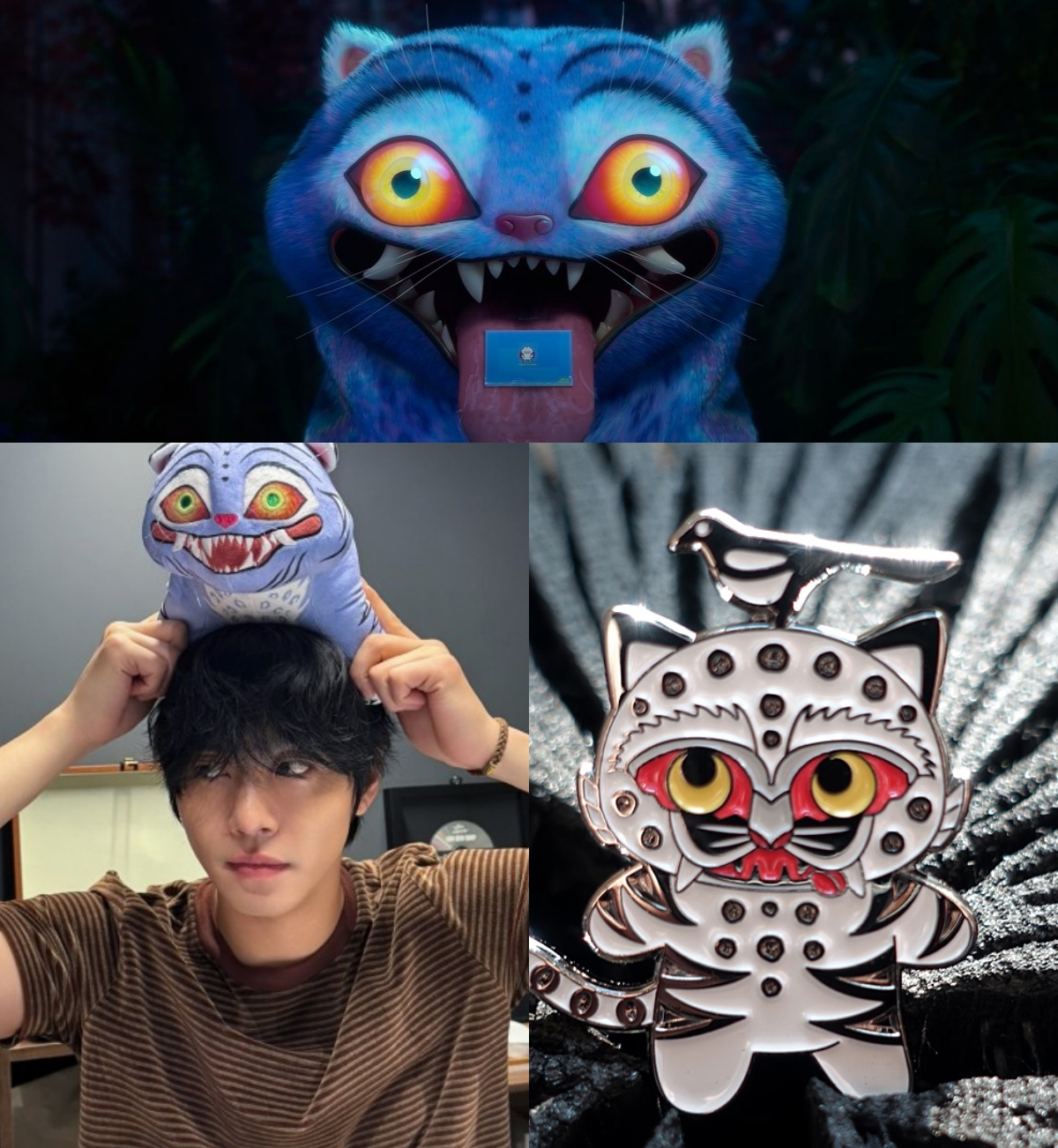 ▲넷플릭스 오리지널 '케이팝 데몬 헌터스'의 더피(위부터 시계 방향으로), 국립중앙박물관의 '까치 호랑이 배지', 배우 안효섭과 더피 인형. (출처=넷플릭스, 국립중앙박물관 뮷즈 제공, 안효섭 인스타그램 캡처)