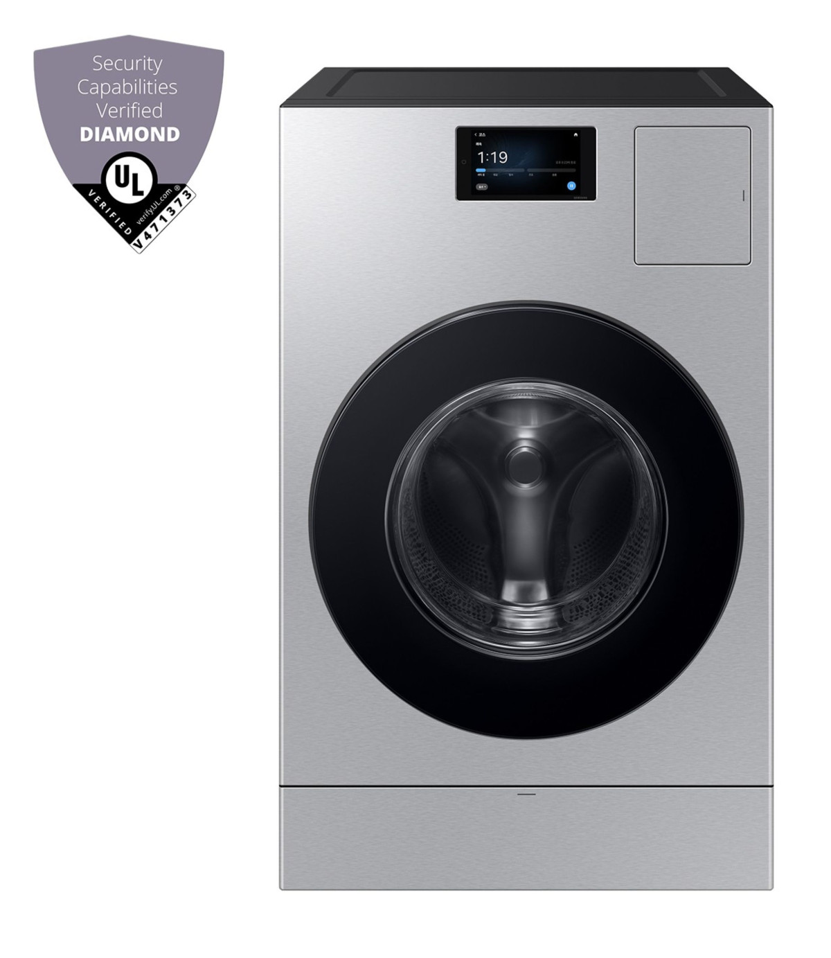 ▲삼성전자 '비스포크 AI 콤보' 일체형 세탁건조기 제품 이미지와 'UL 솔루션즈(UL Solutions)'가 주관하는 사물인터넷 보안 평가 '다이아몬드' 등급 이미지 (자료제공=삼성전자)