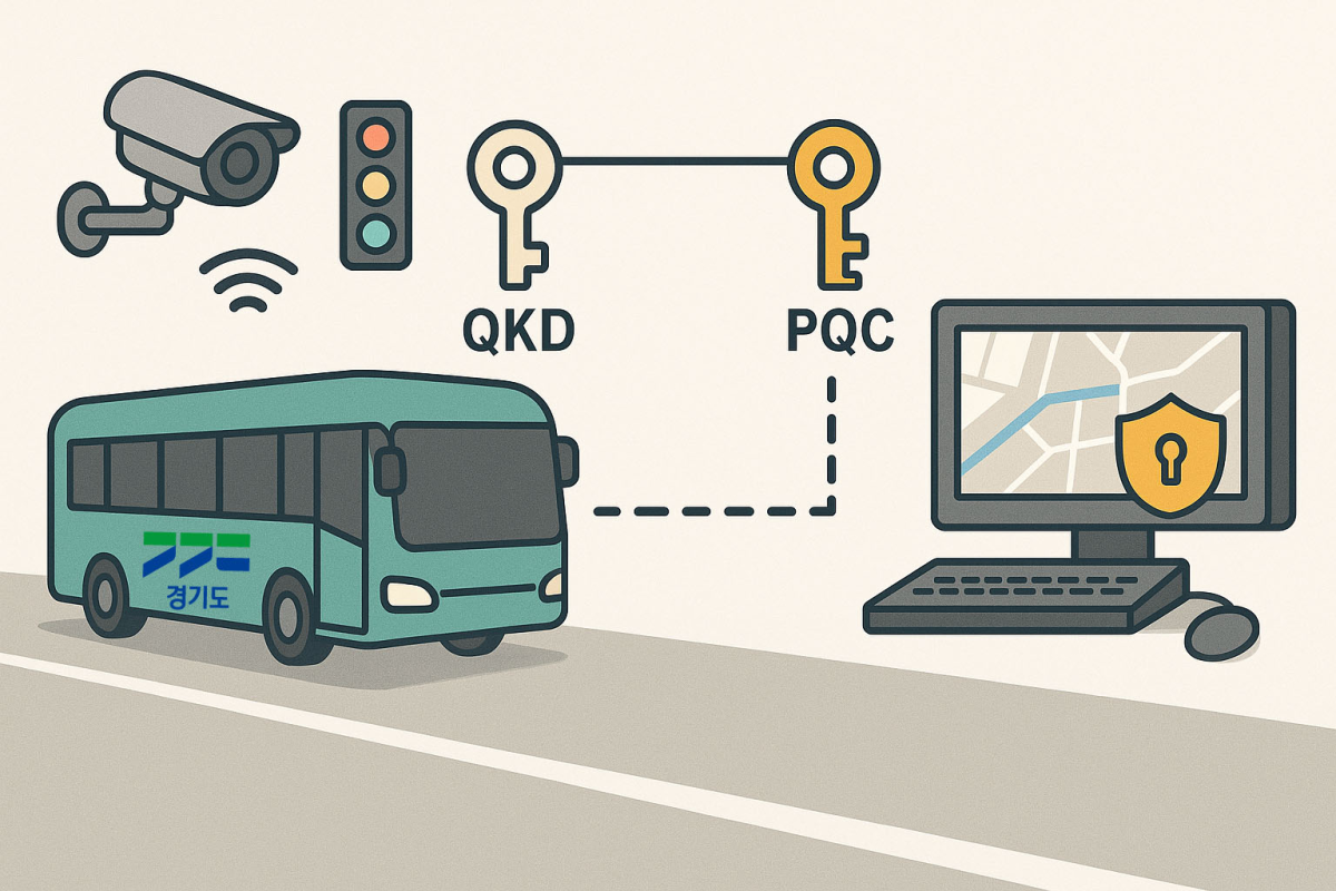▲경기도가 실제 도로를 주행 중인 자율주행 버스에 QKD와 PQC 기반의 첨단 보안 기술을 적용해 차량과 관제센터 간 정보 전송의 안전성을 강조하고 있다. (경기도)