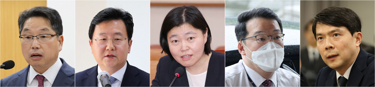 ▲법무부는 1일 대검검사급 검사 3명에 대한 신규 보임 및 대검검사급 검사 4명, 고검검사급 검사 2명에 대한 전보 인사를 4일 자로 시행했다고 밝혔다. 왼쪽부터 대검찰청 차장검사에 노만석(사법연수원 29기) 대검찰청 마약·조직범죄부장, 서울중앙지검장에 정진우(29기) 서울북부지검장, 서울동부지검장에 임은정 부장검사, 기획조정실장에 최지석(31기) 서울고검 감찰부장, 법무부 검찰국장에 성상헌(30기) 대전지검장. 연합뉴스