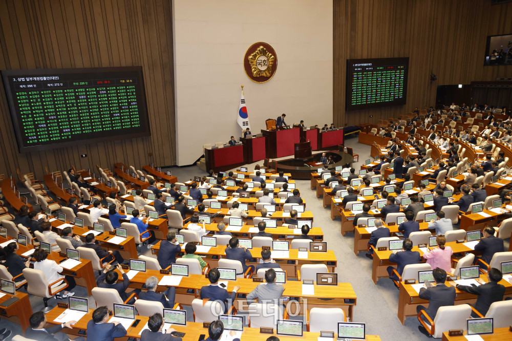 ▲3일 서울 여의도 국회 본회의에서 상법 일부개정법률안이 가결되고 있다. 고이란 기자 photoeran@