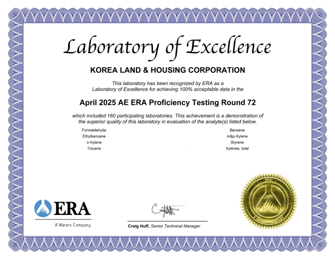 ▲LH가 받은 'ERA 실내공기질 측정 분야 최우수기관' 인증서.  (사진제공=한국토지주택공사)