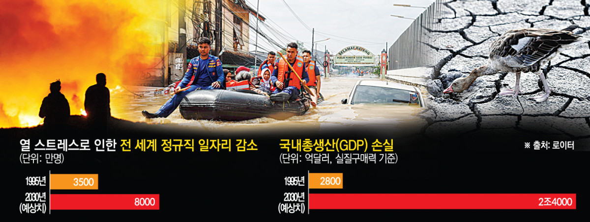 ▲국제노동기구(ILO)는 2023년 보고서에서 지구온난화에서 비롯된 폭염이 유발하는 열스트레스만으로도 5년 후 전 세계 정규직 일자리가 8000만 명 감소하고 국내총생산(GDP) 손실액은 2조4000억 달러에 이를 것으로 추산했다. 사진은 왼쪽부터 미국 캘리포니아주 산불, 인도네시아 홍수, 헝가리의 가뭄으로 말라붙은 호수 바닥에서 물을 찾는 거위.  (사진출처 EPA·AP연합뉴스  )