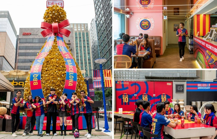 ▲FC 바르셀로나 초청을 기념해 재단장된 초대형 황금올리브치킨 트리와 BBQ 빌리지 청계광장점.  (사진제공=제너시스BBQ그룹)