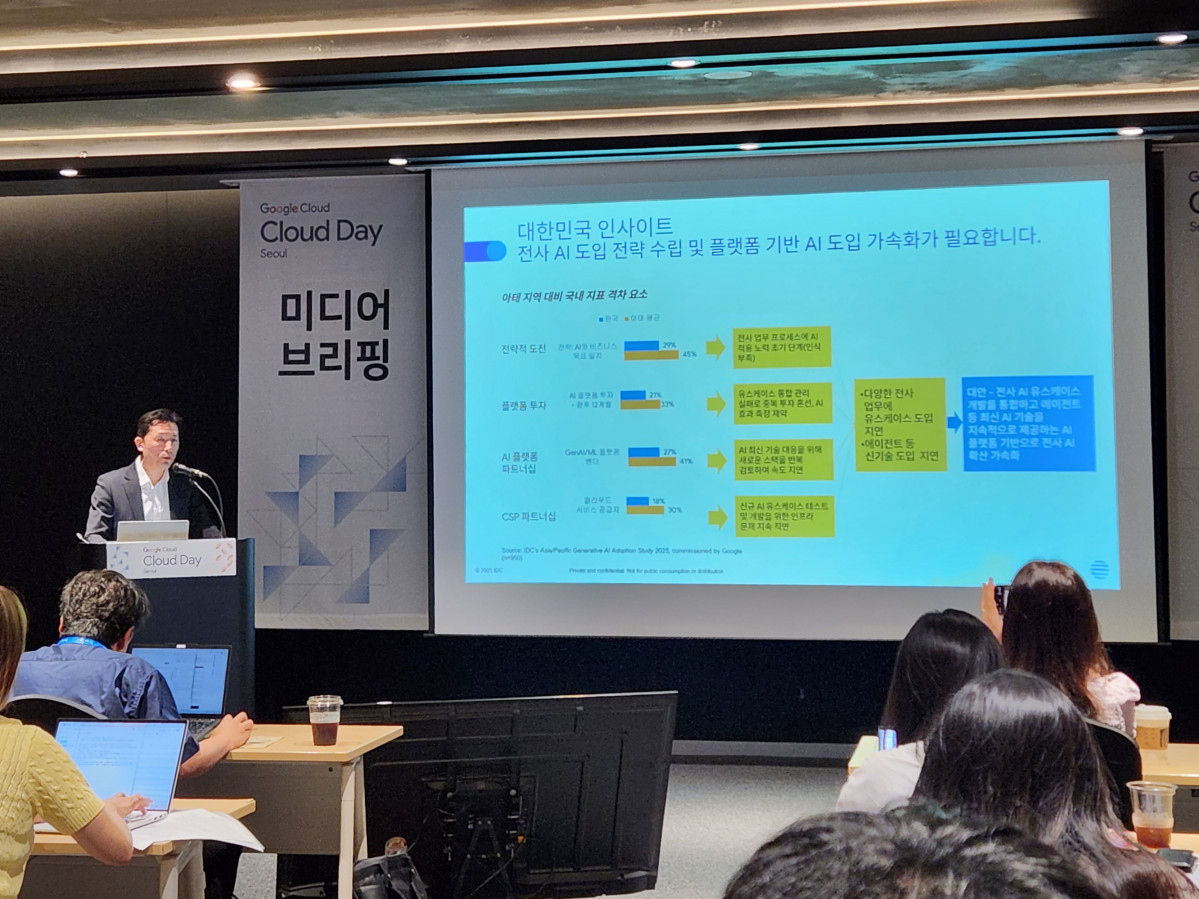 ▲전대일 IDC AI리서치 수석 연구원이 8일 서울 강남구 코엑스(COEX) 컨벤션 센터에서 ‘구글 클라우드 데이 서울(Google CloudDaySeoul)’ 미디어 브리핑에서 발표를 하고 있다. (안유리 기자 inglass@)