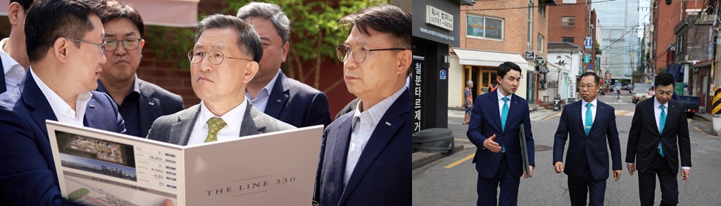 ▲정경구 HDC현대산업개발 대표이사 사장(왼쪽 가운데)과 정희민 포스코이앤씨 사장(오른쪽 가운데)이 용산정비창 전면 1구역 재개발 사업지를 방문한 모습. (출처=각 사)