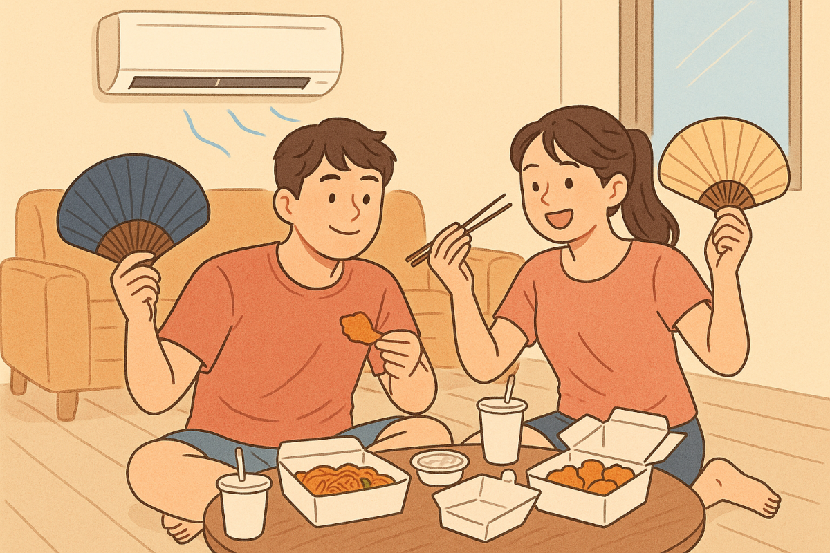 ▲에어컨 틀고 집에서 배달요리 먹고 있는 커플 모습 (일러스트=챗GPT/무단전재 금지)