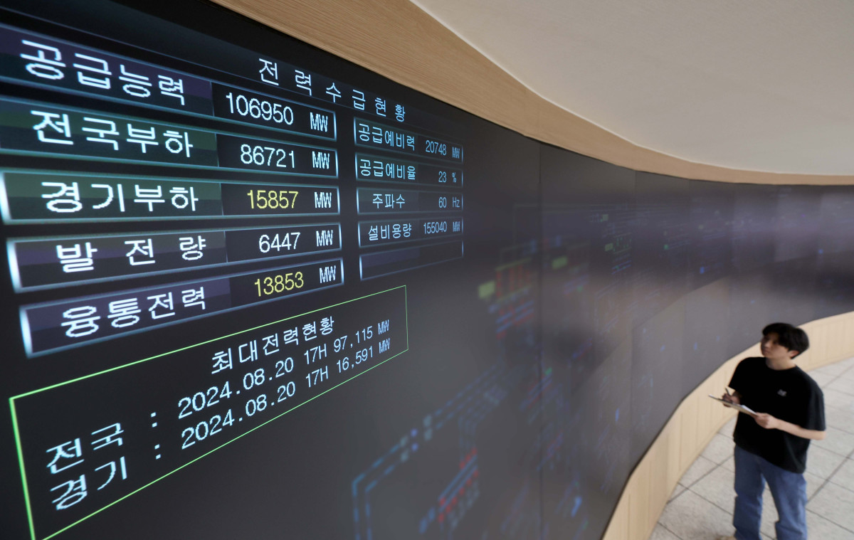 ▲연일 계속되는 폭염으로 전력수요가 급증하고 있는 가운데 9일 경기 수원시 한국전력공사 경기본부 전력관리처 계통운영센터에서 관계자가 전력수급현황을 점검하고 있다. 신태현 기자 holjjak@