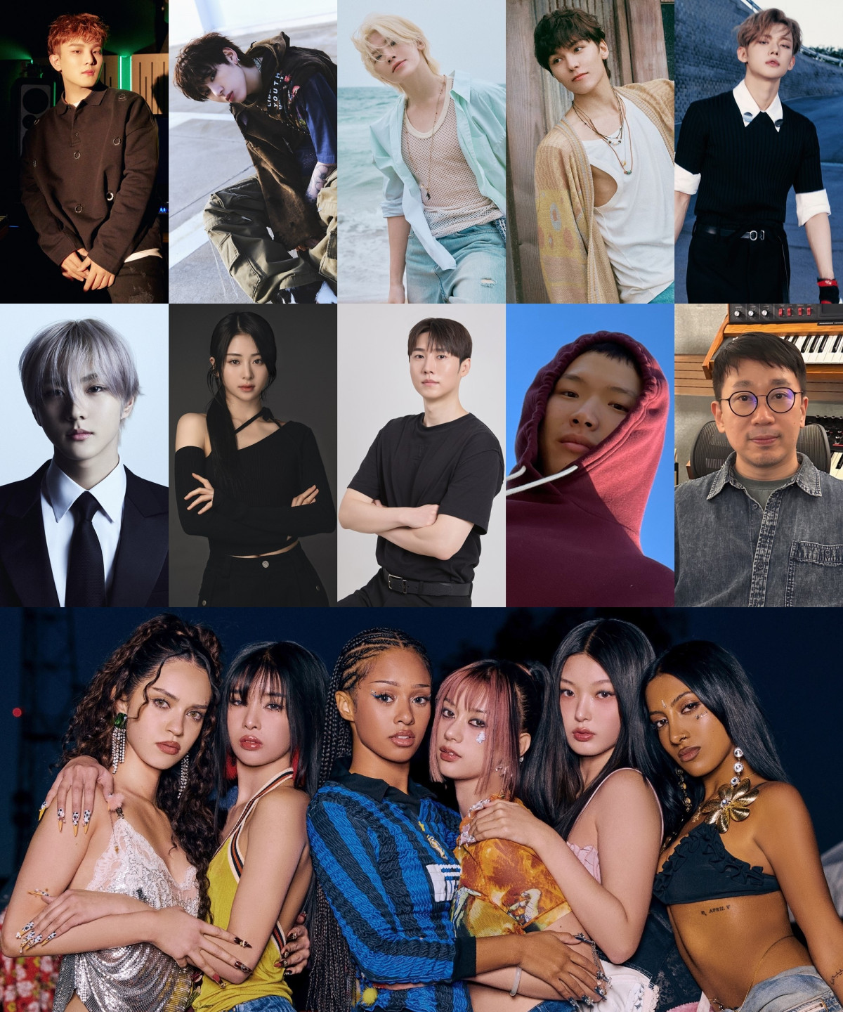 ▲(첫 번째 줄 왼쪽부터) 범주, 지코, 세븐틴 우지, 세븐틴 버논, 투모로우바이투게더 연준, 엔하이픈 정원, 르세라핌 허윤진, Slow Rabbit, Supreme Boi, Wonderkid, 캣츠아이 다니엘라, 소피아, 마농, 메간, 윤채, 라라. (사진제공=하이브)