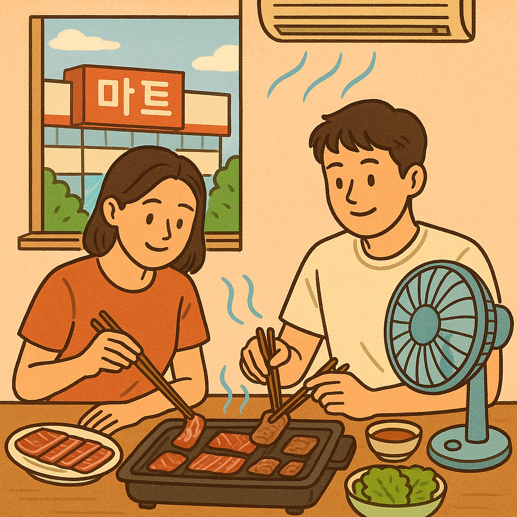 ▲외식비 상승으로 집에서 한우를 즐기는 수요가 늘고 있다. 남녀 커플이 집에서 마트에서 장을 봐와서 집에서 한우를 즐기고 있다. (챗GPT/무단전재 금지)