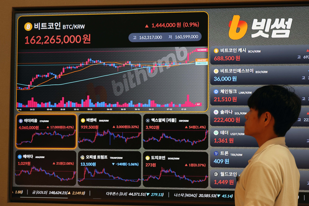▲비트코인이 신고가 행진을 거듭하며 12만 달러를 눈앞에 두고 있는 가운데 14일 서울 강남구  빗썸라운지 모니터에 비트코인 등 가상자산 실시간 거래가격이 표시되고 있다. 신태현 기자 holjjak@