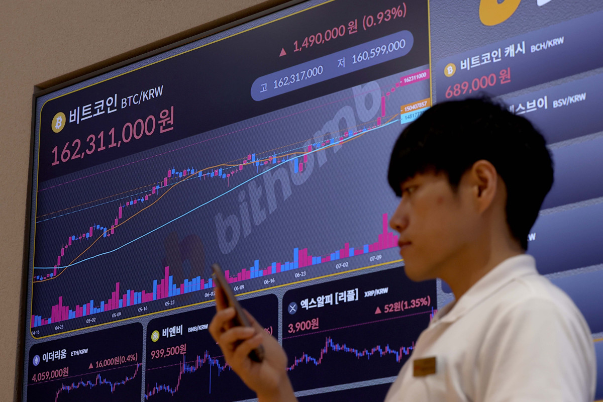 ▲비트코인이 신고가 행진을 거듭하며 12만 달러를 눈앞에 두고 있는 가운데 14일 서울 강남구  빗썸라운지 모니터에 비트코인 등 가상자산 실시간 거래가격이 표시되고 있다. 신태현 기자 holjjak@