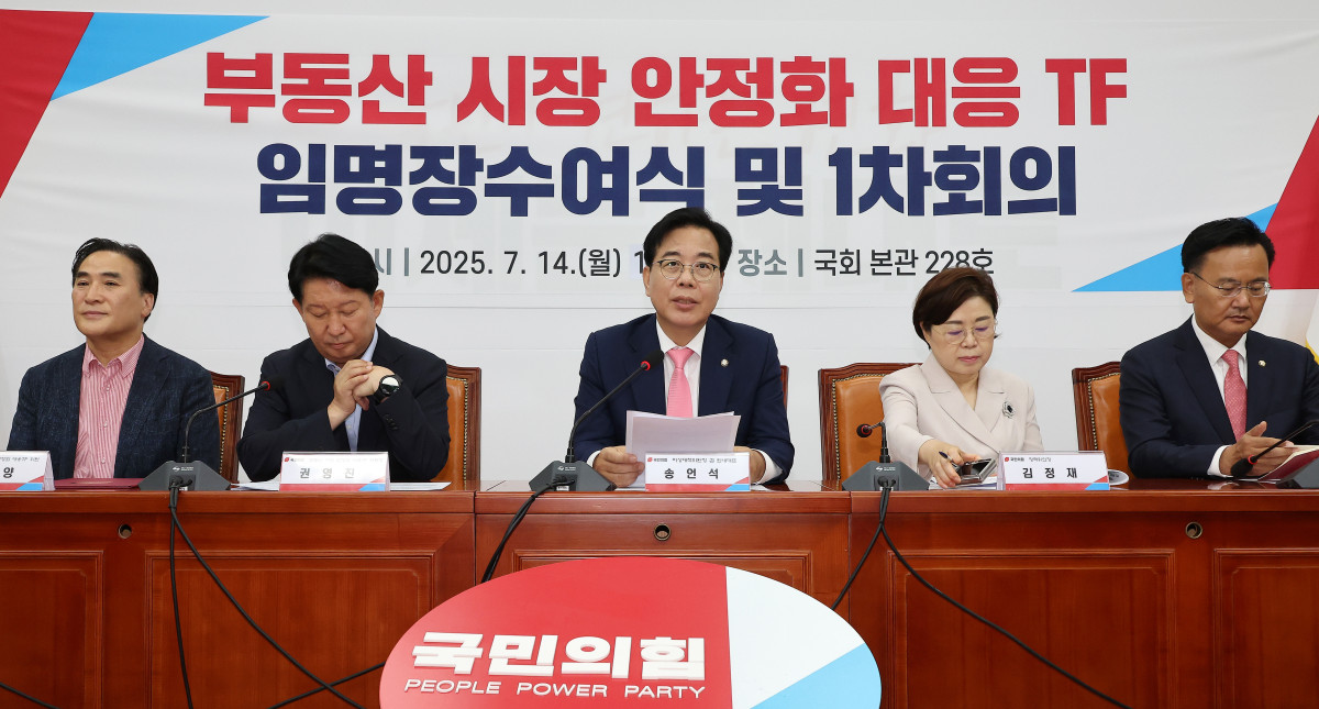 ▲국민의힘 송언석 비상대책위원장 겸 원내대표(가운데)가 14일 국회에서 열린 부동산 시장 안정화 대응 TF 임명장 수여식 및 1차 회의에서 발언하고 있다. 2025.7.14 (연합뉴스)