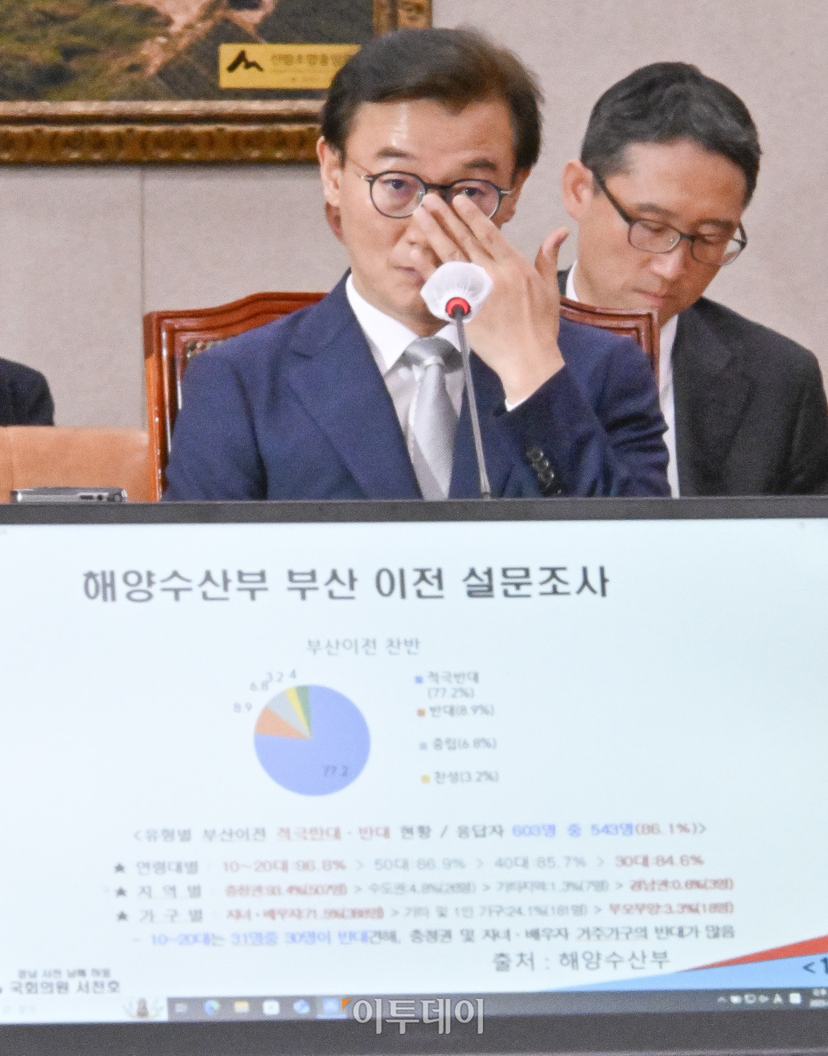 ▲전재수 해양수산부 장관 후보자가 14일 서울 여의도 국회 농림축산식품해양수산위원회에서 열린 인사청문회에서 안경을 고쳐쓰고 있다. 조현호 기자 hyunho@