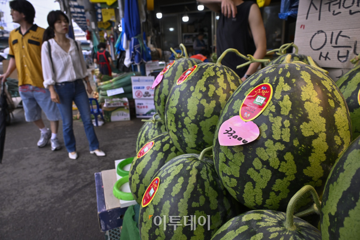 ▲무더위에 물량 부족 및 수요 증가로 수박 한 통 평균 소매 가격이 상승하면서 3만원을 넘어섰다. 15일 한국농수산식품유통공사(aT) 집계에 따르면 전날 수박(상품) 한 통 평균 소매 가격은 전통시장에서 3만327원으로 3만원을 돌파했다. 이날 서울 시내 한 전통시장에 수박이 진열되어 있다. 조현호 기자 hyunho@