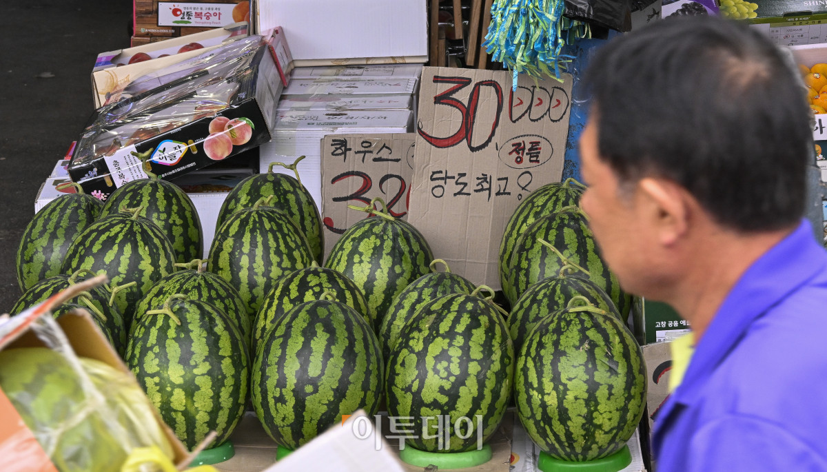 ▲무더위에 물량 부족 및 수요 증가로 수박 한 통 평균 소매 가격이 상승하면서 3만원을 넘어섰다. 15일 한국농수산식품유통공사(aT) 집계에 따르면 전날 수박(상품) 한 통 평균 소매 가격은 전통시장에서 3만327원으로 3만원을 돌파했다. 이날 서울 시내 한 전통시장에 수박이 진열되어 있다. 조현호 기자 hyunho@