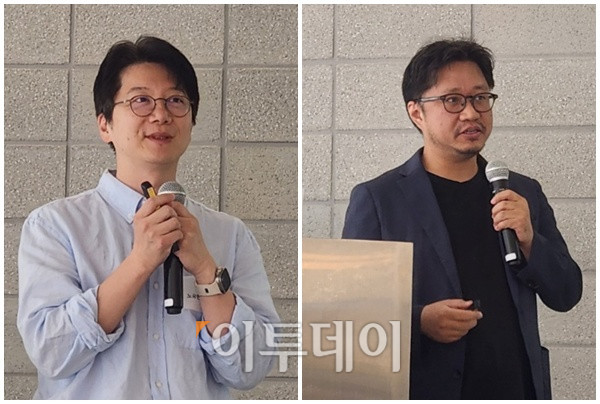 ▲노유헌 이모코그 대표(왼쪽)와 김중희 알피 대표가 발표하고 있다. (이상민 기자 imfactor@)