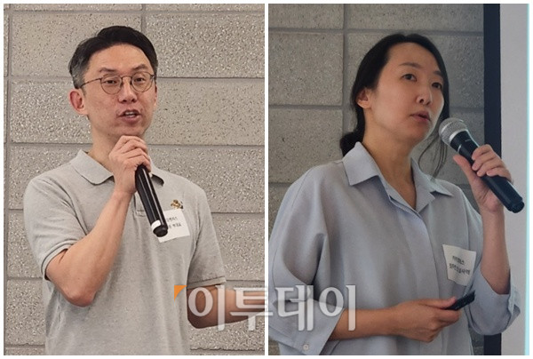 ▲김치원 카카오벤처스 부대표(왼쪽)와 정주연 카카오벤처스 선임 심사역은 15일 강남구 스타트업얼라이언스 엔스페이스에서 ‘의료현장에 도달한 디지털 진단과 치료: 디지털헬스케어 패밀리’를 주제로 열린 브라운백미팅에서 발표하고 있다. (이상민 기자 imfactor@)