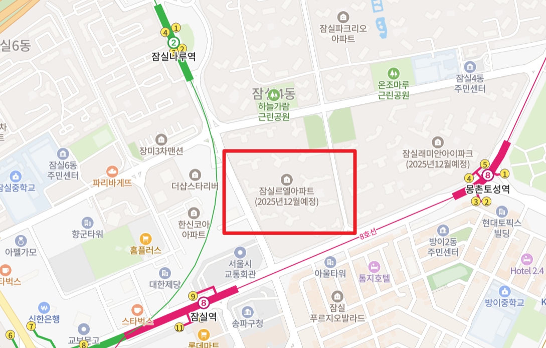 ▲2·8호선 잠실역, 2호선 잠실나루역, 8호선 몽촌토성역에 둘러 싸인 잠실르엘 위치. (사진제공=네이버지도 캡처)