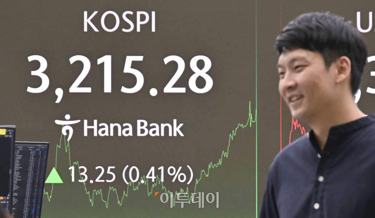 ▲코스피가 3210선으로 상승 마감한 15일 서울 중구 하나은행 딜링룸 전광판에 코스피가 표시돼 있다. 이날 코스피는 전 거래일보다 13.25(0.41%)포인트 상승한 3215.28을 나타냈다. 조현호 기자 hyunho@