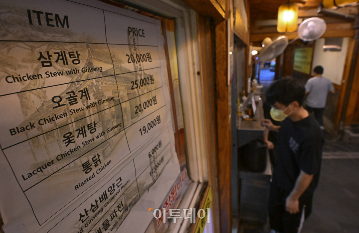 ▲본격적인 더위가 시작하는 초복을 앞두고 최근 폭염으로 폐사하는 닭 급증과 수급 불안까지 겹치며 삼계탕 한 그릇 가격이 2만원을 육박하고 있다. 통계청 국가통계포털(KOSIS)에 따르면 6월 삼계탕 품목의 소비자물가지수는 122.56으로 지난 2020년에 비해 약 22% 상승했다. 한국소비자원 가격정보포털 참가격은 5월 서울 지역 삼계탕 한 그릇 평균 가격을 1만7654원으로 전년대비 4.6% 올랐다고 밝혔다. 16일 서울 시내 한 삼계탕 전문식당에 삼계탕 가격이 2만원을 가리키고 있다. 조현호 기자 hyunho@