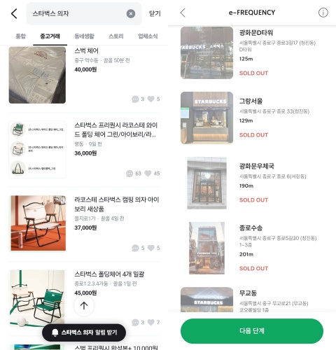 ▲중고거래 앱에 올라온 스타벅스 프리퀀시 프로모션 증정품 게시글(왼쪽)과 이미 재고가 소진된 스타벅스 매장 안내문 캡처. (사진=독자 제공)