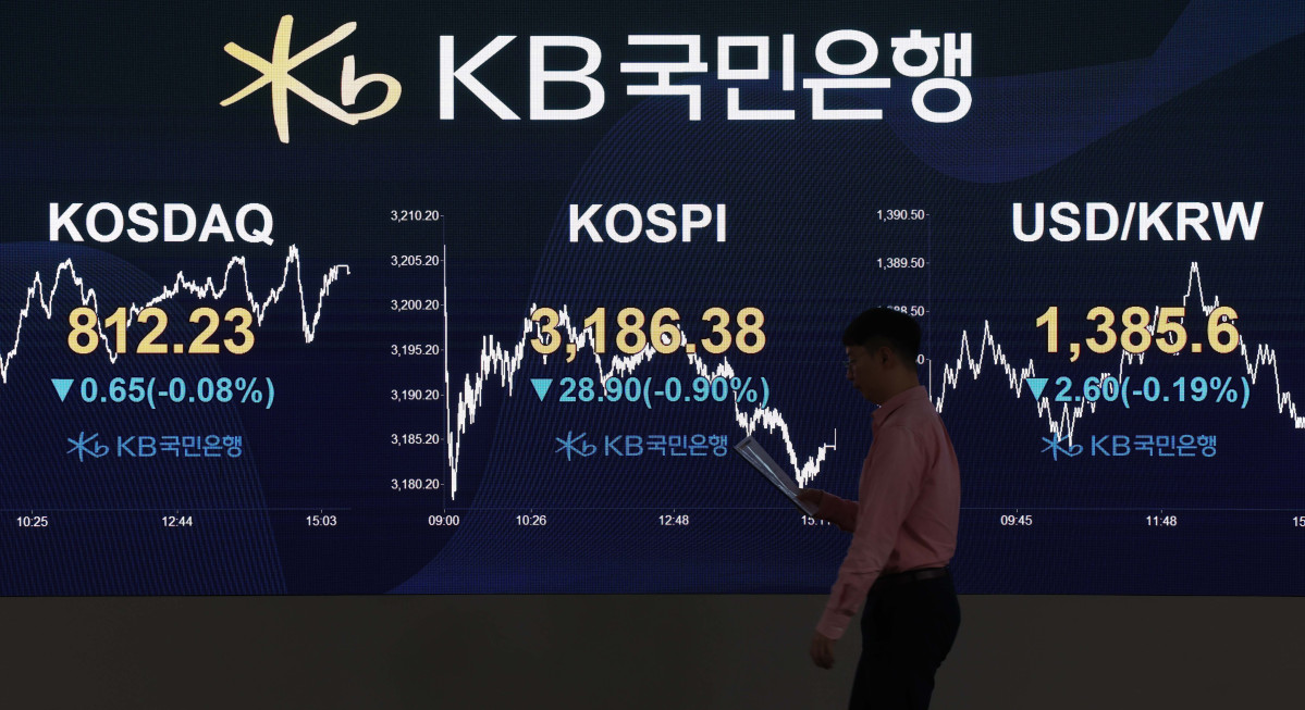 ▲연중 최고점 경신을 이어가던 코스피가 미국 물가에 대한 우려에 하루만에 3200선을 내주며 마감했다. 16일 서울 여의도 KB국민은행 스마트딜링룸 모니터에 코스피 종가가 표시되고 있다. 이날 코스피는 전거래일 대비 28.90p(0.90%) 내린 3186.38에 장을 마쳤다. 신태현 기자 holjjak@