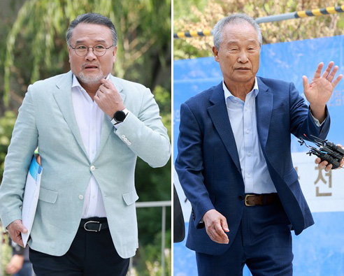 ▲ 이일준(왼쪽) 삼부토건 회장과 조성옥 전 삼부토건 회장이 10일 김건희 여사 관련 의혹을 수사 중인 민중기 특별검사팀 조사를 받기 위해 서울 종로구 KT 광화문 빌딩 웨스트에 마련된 특검 사무실에 출석하고 있다. (연합뉴스)
