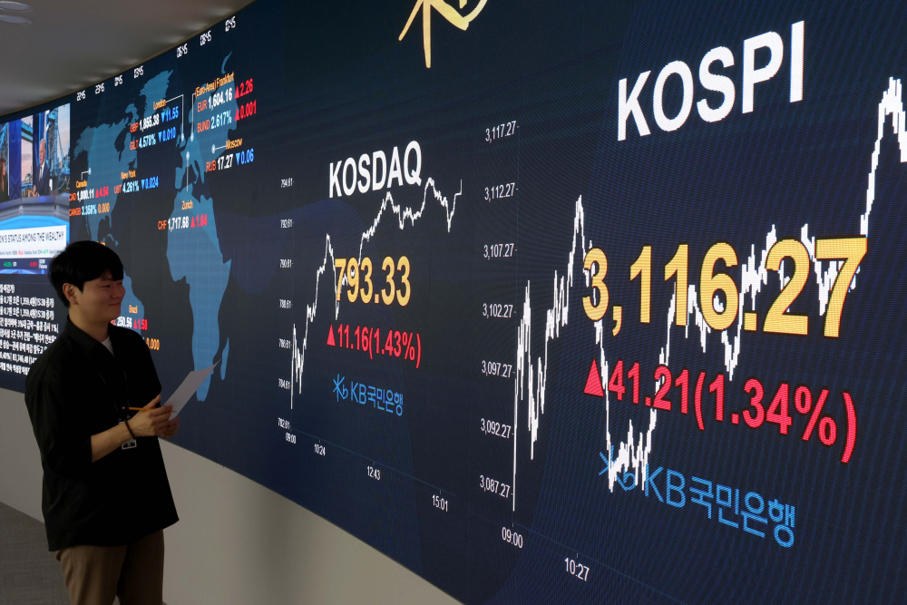 ▲코스피가 상법 개정안 통과 소식에 힘입어 1%대 상승 마감한 3일 서울 여의도 KB국민은행 스마트딜링룸 전광판에 코스피 종가가 표시되고 있다. (신태현 기자 holjjak@)